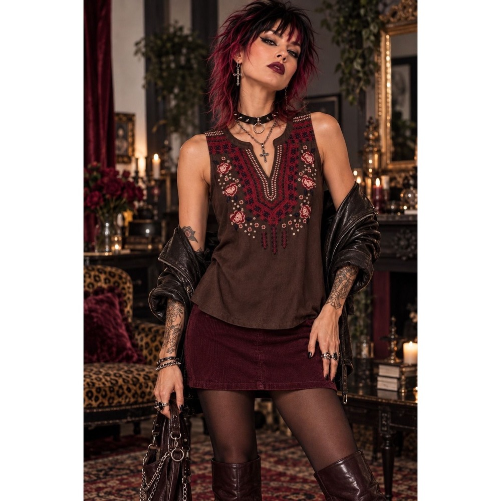 Andree by Unit Large  Brown Faux Suede Embroidered Boho Tunic Top Sleeveless